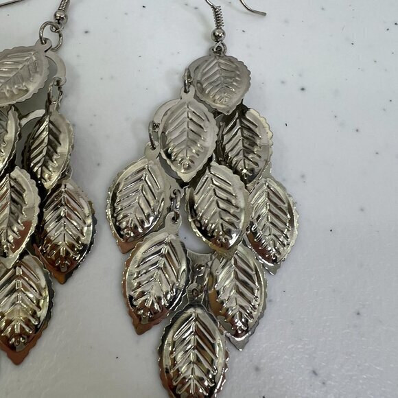 Leaf Earrings Dangle Silver Tone Charm Chandelier Boho Long‎ Statement Textured - Picture 3 of 5